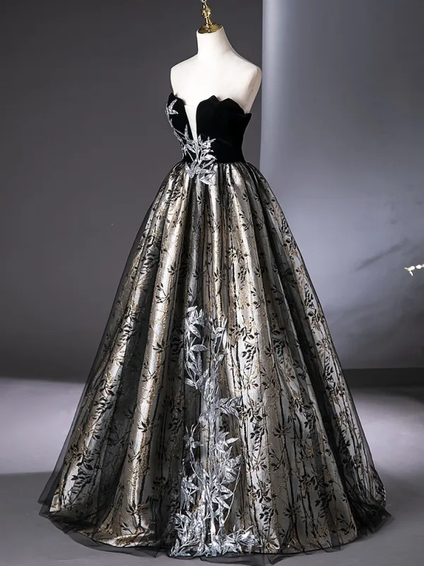 Elegant Black Lace Flower Prom Dresses 2024 Ball Gown Strapless Sleeveless Backless Floor-Length / Long Prom Formal Dresses