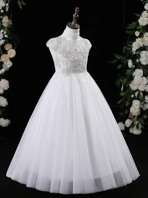 Chic / Beautiful White Beading Short Birthday Flower Girl Dresses 2024 A-Line / Princess High Neck Sleeveless Tulle