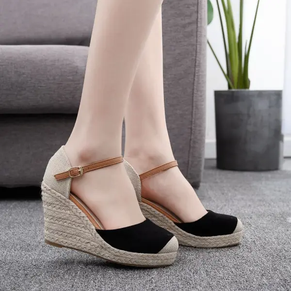 Chic / Beautiful Beige Suede Street Wear Braid Womens Sandals 2023 9 cm Wedges Round Toe Sandals Womens Shoes