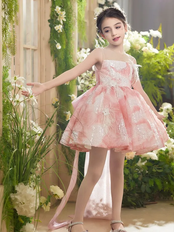 Chic / Beautiful Blushing Pink Beading Pearl Sequins Appliques Birthday Short Flower Girl Dresses 2025 Ball Gown Scoop Neck Tassel Sleeveless