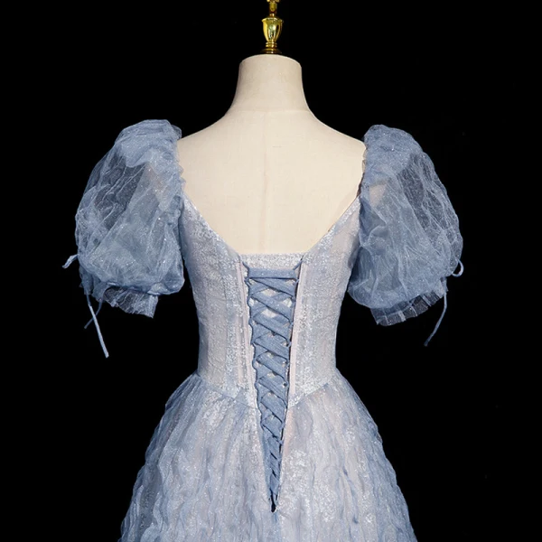 Bling Bling Sky Blue Ruffle Beading Prom Dresses 2023 A-Line / Princess Square Neckline Short Sleeve Backless Floor-Length / Long Prom Formal Dresses