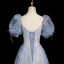 Bling Bling Sky Blue Ruffle Beading Prom Dresses 2023 A-Line / Princess Square Neckline Short Sleeve Backless Floor-Length / Long Prom Formal Dresses