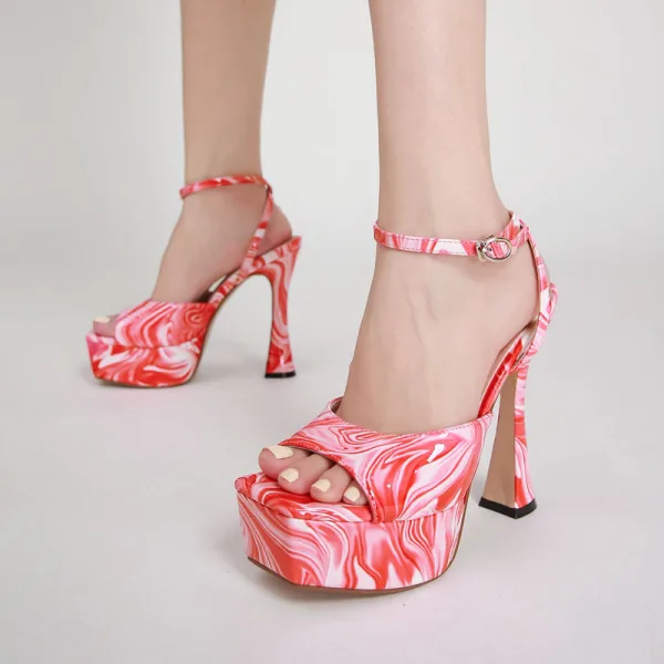 Sexy Rougissant Rose Cocktail Sandales Femme 2022 14 cm Talons Aiguilles Bride Cheville Peep Toes / Bout Ouvert Sandales Talons Hauts