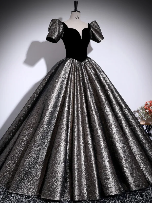 Vintage / Retro Black Glitter Prom Dresses 2025 Ball Gown Square Neckline Puffy Short Sleeve Backless Floor-Length / Long Formal Dresses