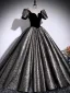 Vintage / Retro Black Glitter Prom Dresses 2025 Ball Gown Square Neckline Puffy Short Sleeve Backless Floor-Length / Long Formal Dresses