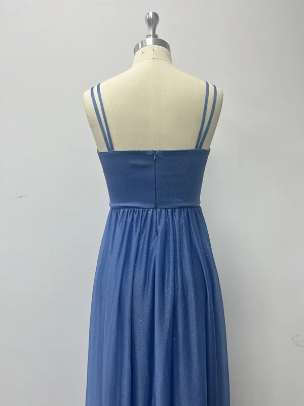 Modest / Simple Sky Blue Prom Dresses 2024 A-Line / Princess Spaghetti Straps Sleeveless Backless Floor-Length / Long Prom Formal Dresses