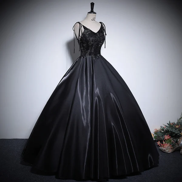 Classique Noire Perlage Paillettes Satin Robe De Bal 2024 Robe Boule V-Cou Sans Manches Dos Nu Longue Promo Robe De Ceremonie