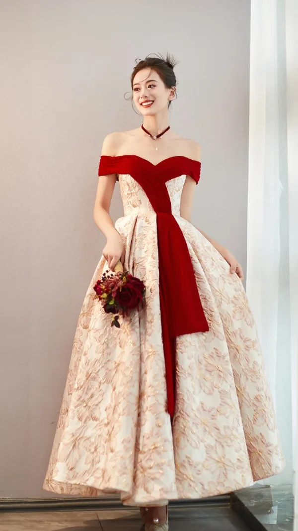 Chic / Beautiful Red Printing Prom Dresses 2023 A-Line / Princess Off-The-Shoulder Sleeveless Backless Floor-Length / Long Prom Formal Dresses