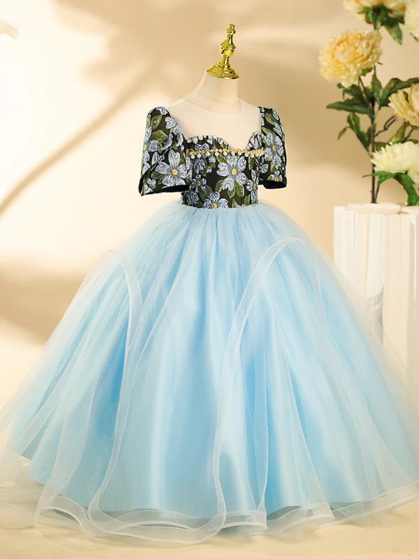 Chic / Beautiful Sky Blue Floral Pearl Rhinestone Birthday Flower Girl Dresses 2024 Ball Gown Scoop Neck Short Sleeve Backless Floor-Length / Long
