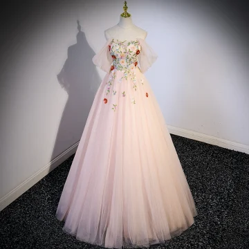 Flower Fairy Blushing Pink Sequins Lace Flower Prom Dresses 2023 A Line Princess Off The Shoulder Sleeveless Backless Floor Length Long Prom Formal Dresses