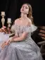 Luxe Gris Robe De Soirée 2022 Princesse De l'épaule Gland Perlage Paillettes Manches Courtes Dos Nu Longue Soirée Robe De Ceremonie