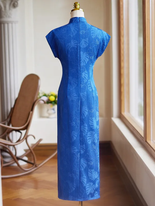 Chinesischer Stil Vintage Blau Wadenlang Cheongsam 2024 Meerjungfrau Stehkragen Kurze Ärmel