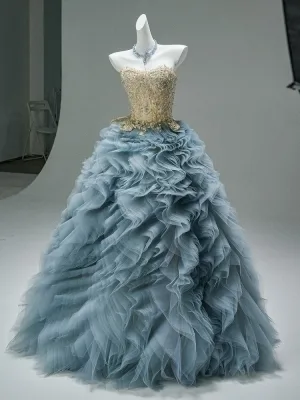 High End Himmelen Blå Håndlaget Beading Rhinestone Gripende Ruffles Ballkjoler 2025 Ballkjole Strapless Uten Ermer Ryggløse Lange Formelle Kjoler