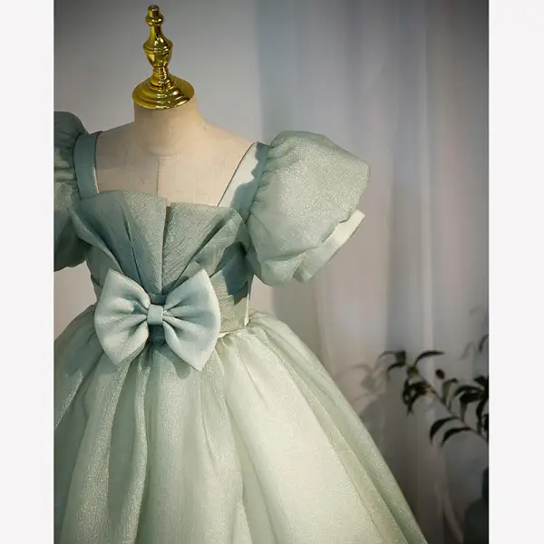 Chic / Beautiful Sage Green Sequins Birthday Flower Girl Dresses 2022 Ball Gown Square Neckline Bow Puffy Short Sleeve Backless Floor-Length / Long Flower Girl Dresses