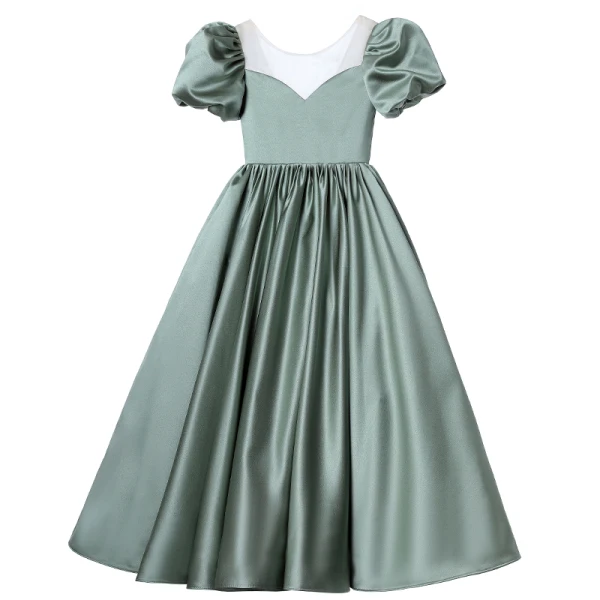Schöne Grün Blumenmädchenkleider 2022 Ballkleid Rundhalsausschnitt Geschwollenes Kurze Ärmel Rückenfreies Schleife Lange Satin Ball Blumenmädchenkleider