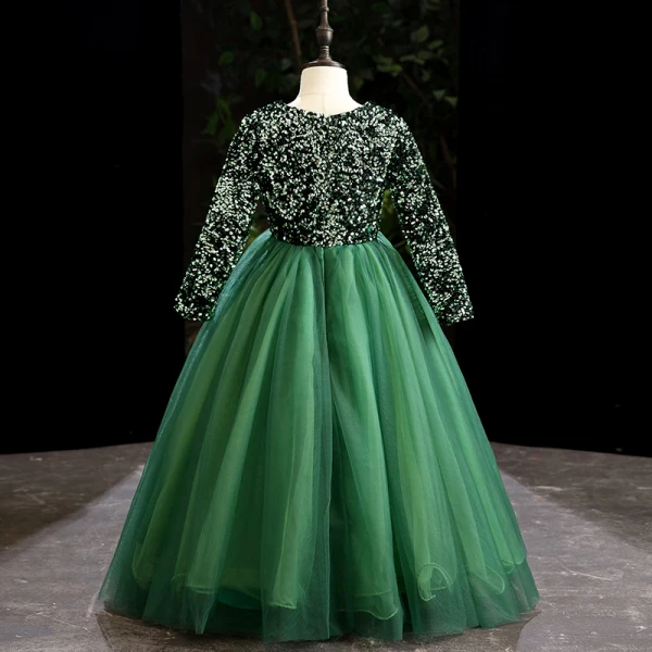 Vintage / Retro Green Sequins Birthday Flower Girl Dresses 2024 Ball Gown V-Neck Long Sleeve Floor-Length / Long