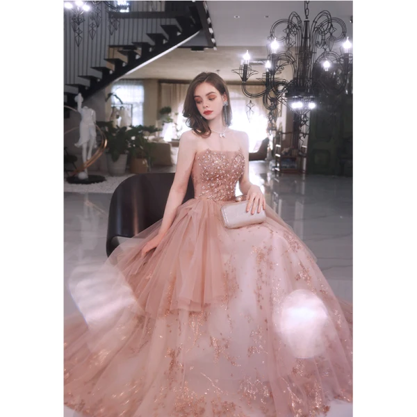 Chic / Belle Rougissant Rose Perlage Perle Paillettes Robe De Bal 2022 Princesse Bustier Sans Manches Dos Nu Longue Robe De Ceremonie