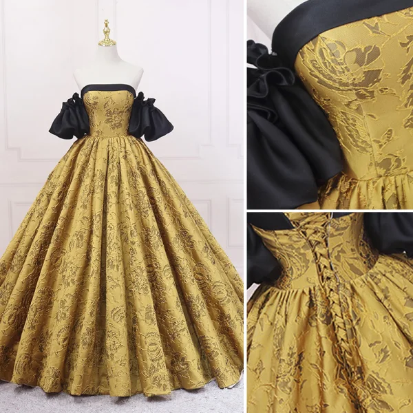 Vintage Retro Black Gold Printing Prom Dresses 2023 Ball Gown Satin Off-The-Shoulder Vintage Retro Black Gold Printing Prom Dresses 2023 Ball Gown Satin Off-The-Shoulder