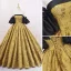 Vintage Schwarz Gold Drucken Ballkleider 2023 Ballkleid Satin Off Shoulder Geschwollenes Kurze Ärmel Rückenfreies Sweep / Pinsel Zug Ball Festliche Kleider