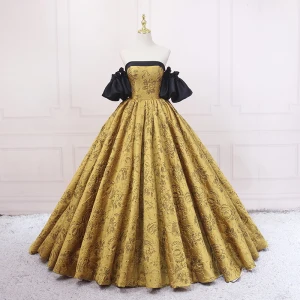 Vintage Originale Noire Doré Impression Robe De Bal 2023 Robe Boule Satin De L Épaule Gonflée Manches Courtes Dos Nu Train De Balayage Promo Robe De Ceremonie
