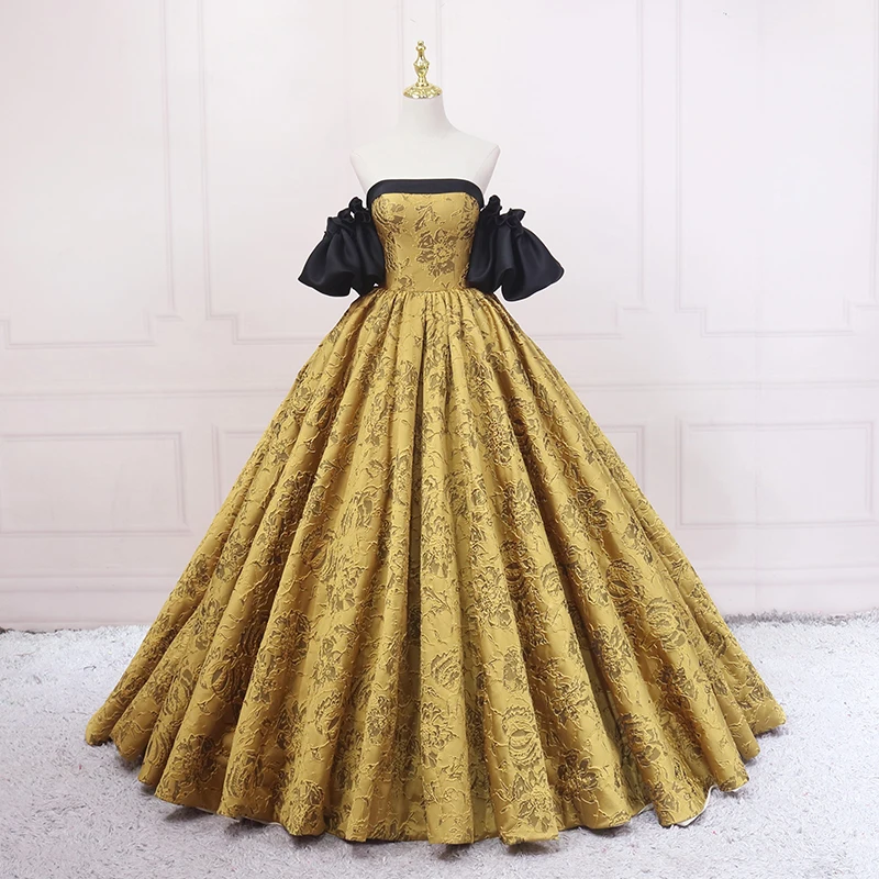 Vintage Retro Black Gold Printing Prom Dresses 2023 Ball Gown Satin Off-The-Shoulder