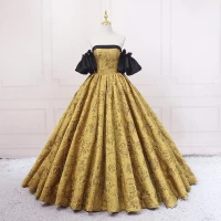 Vintage Schwarz Gold Drucken Ballkleider 2023 Ballkleid Satin Off Shoulder Geschwollenes Kurze Ärmel Rückenfreies Sweep / Pinsel Zug Ball Festliche Kleider