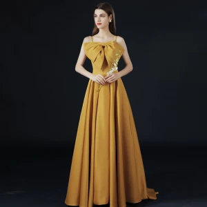 Vintage Retro Yellow Bow Prom Dresses 2021 A Line Princess Crossed Straps Solid Color Satin Spaghetti Straps Sleeveless Engagement Formal Dresses Sweep Train