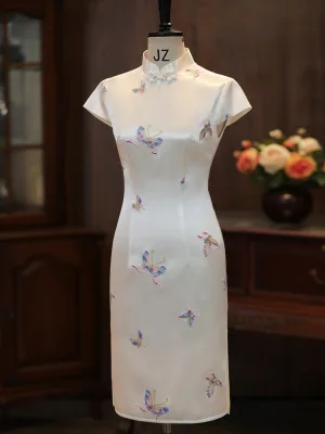 Chinese Style White Embroidered Butterfly Tea Length Cheongsam 2026 Trumpet Mermaid High Neck Cap Sleeves