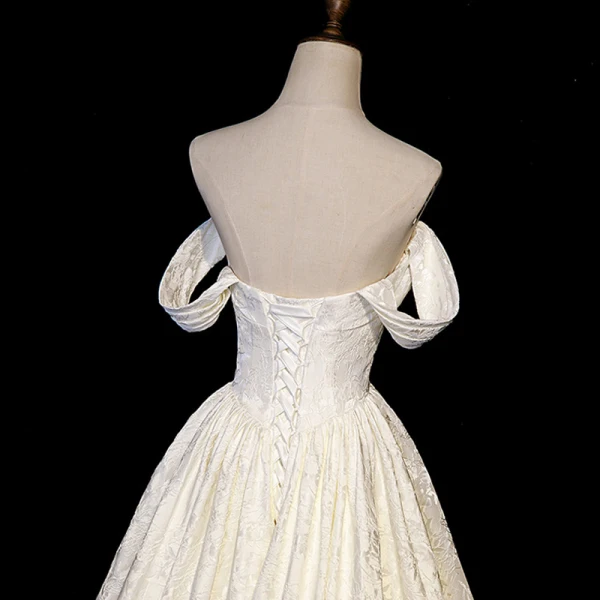 Vintage / Retro Ivory Printing Prom Dresses 2023 A-Line / Princess Off-The-Shoulder Short Sleeve Backless Floor-Length / Long Formal Dresses