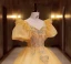 Elegant Yellow Prom Dresses 2022 Ball Gown Scoop Neck Puffy Short Sleeve Beading Pearl Sequins Backless Floor-Length / Long Prom Formal Dresses
