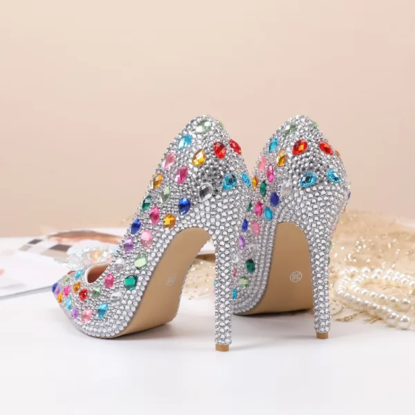 Charmant Zilveren Kristal Rhinestone Avond Pumps 2024 11 cm Naaldhakken / Stiletto Spitse Neus Pumps Hoge Hakken