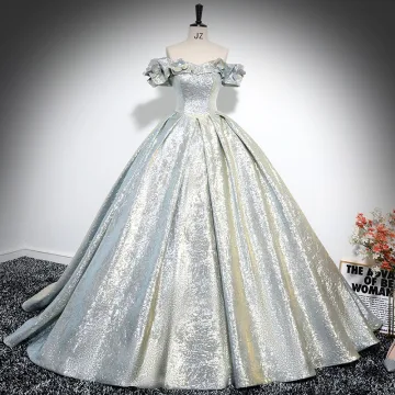 Charming Gold Silver Prom Dresses 2024 Ball Gown Ruffle Off The Shoulder Short Sleeve Backless Sweep Train Prom Formal Dresses