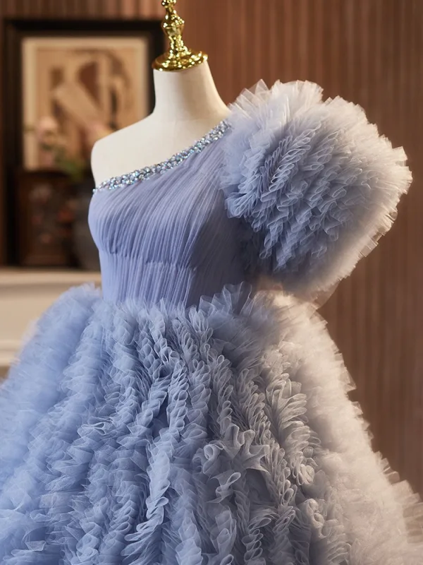 Fashion Sky Blue Cascading Ruffles Rhinestone Prom Dresses 2024 Ball Gown One-Shoulder Short Sleeve Backless Sweep Train Prom Formal Dresses