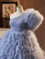 Fashion Sky Blue Cascading Ruffles Rhinestone Prom Dresses 2024 Ball Gown One-Shoulder Short Sleeve Backless Sweep Train Prom Formal Dresses