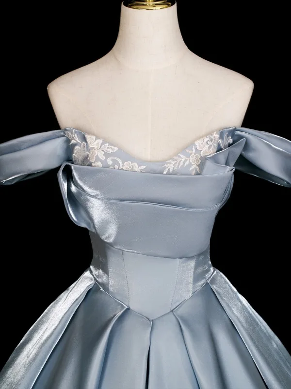 Elegant Sky Blue Lace Flower Prom Dresses 2026 Ball Gown Off-The-Shoulder Short Sleeve Backless Floor-Length / Long Formal Dresses