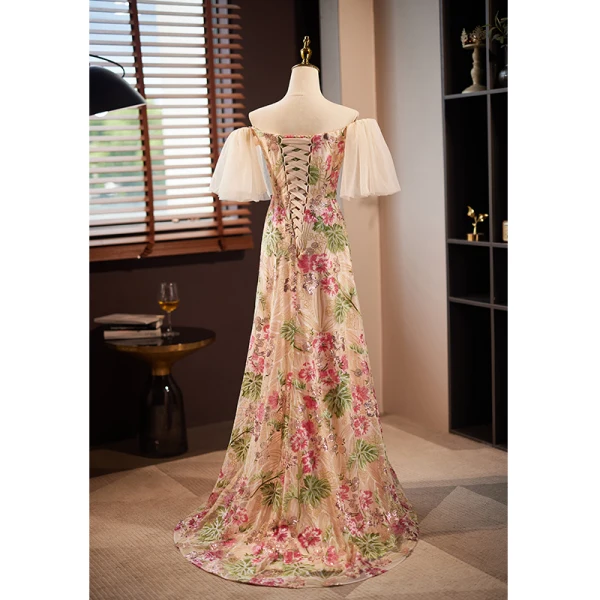 Chic / Beautiful Beading Pearl Multi-Colors Sequins Lace Flower Prom Dresses 2023 A-Line / Princess Off-The-Shoulder Short Sleeve Backless Floor-Length / Long Prom Formal Dresses