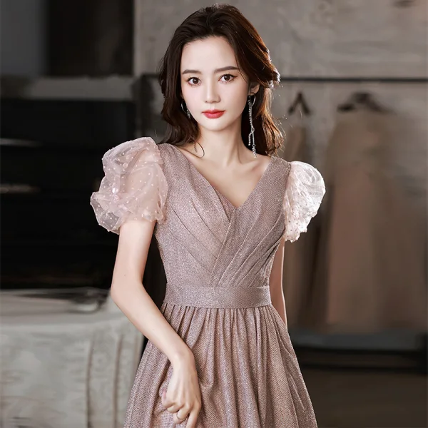Chic / Belle Rose Sombre Glitter Robe De Bal 2022 Princesse V-Cou Gonflée Manches Courtes Dos Nu Longue Promo Robe De Ceremonie