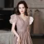 Chic / Belle Rose Sombre Glitter Robe De Bal 2022 Princesse V-Cou Gonflée Manches Courtes Dos Nu Longue Promo Robe De Ceremonie