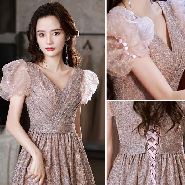 Chic / Belle Rose Sombre Glitter Robe De Bal 2022 Princesse V-Cou Gonflée Manches Courtes Dos Nu Longue Promo Robe De Ceremonie