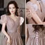 Chic / Belle Rose Sombre Glitter Robe De Bal 2022 Princesse V-Cou Gonflée Manches Courtes Dos Nu Longue Promo Robe De Ceremonie