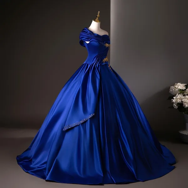 Vintage / Retro Royal Blue Beading Sequins Embroidered Prom Dresses 2025 Ball Gown One-Shoulder Short Sleeve Backless Floor-Length / Long Formal Dresses
