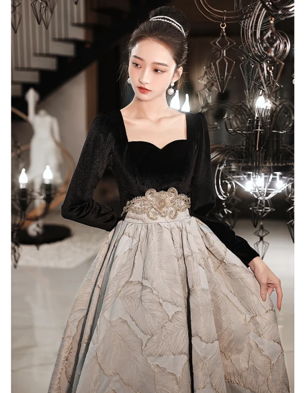 Chic / Beautiful Black Suede Prom Dresses 2022 A-Line / Princess Square Neckline Rhinestone Long Sleeve Floor-Length / Long Formal Dresses