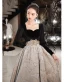 Chic / Beautiful Black Suede Prom Dresses 2022 A-Line / Princess Square Neckline Rhinestone Long Sleeve Floor-Length / Long Formal Dresses