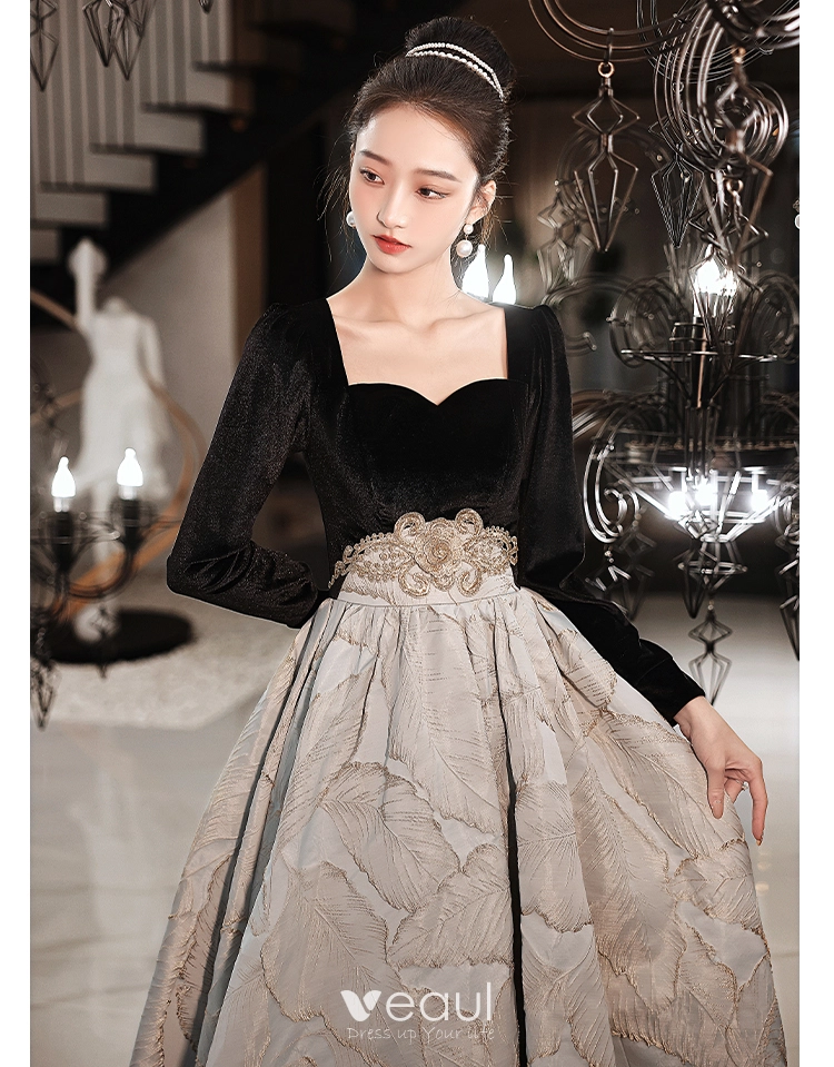 knee length dresses for ladies Suede Square Neck Puff Sleeve Dress Black / Small main image 0
