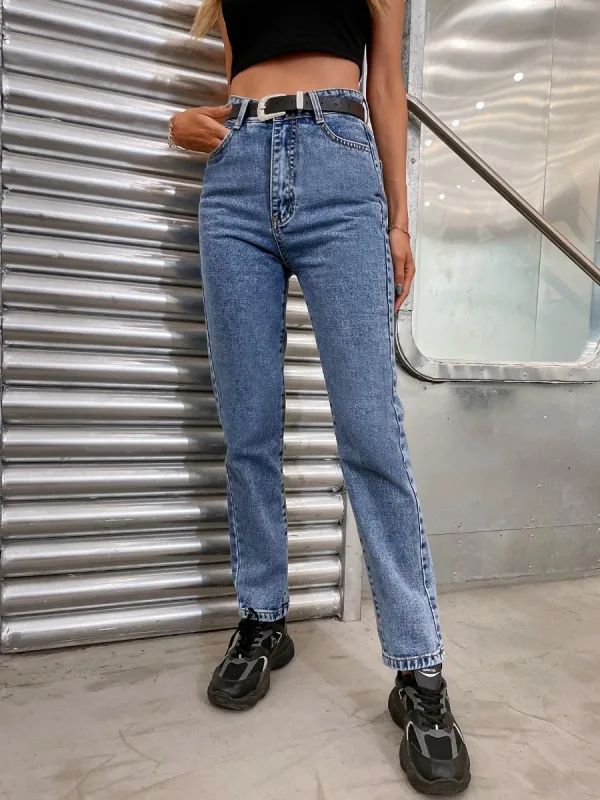 Casual High Waist Women Jeans 2021 Navy Blue Denim Bottoms Pants