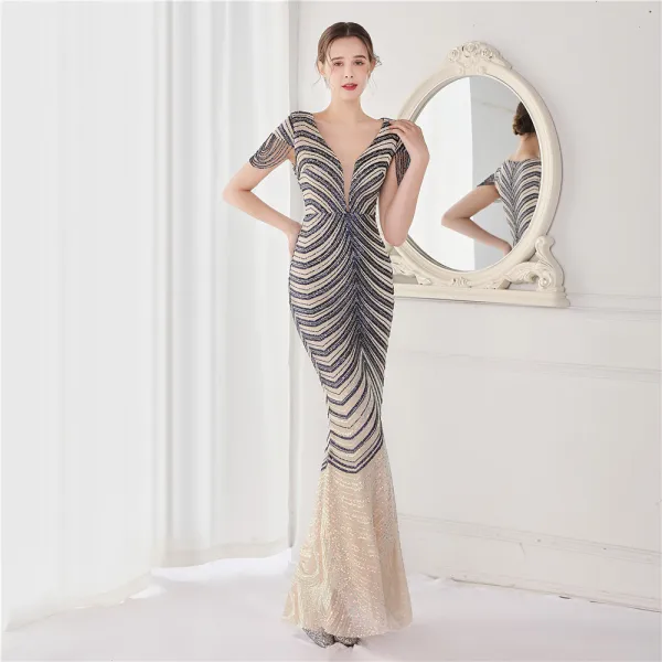 Sexy Black Beading Sequins Evening Dresses 2022 Trumpet / Mermaid V-Neck Sleeveless Floor-Length / Long Evening Party Formal Dresses