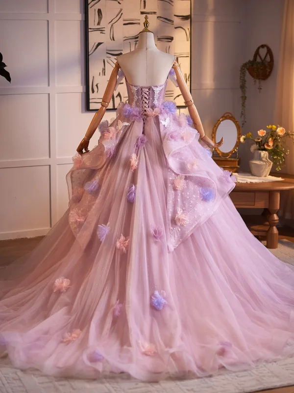 Blumenfee High End Rosa Spitze Schmetterling Applikationen Pailletten Ballkleider 2026 Ballkleid Eckiger Ausschnitt Ärmellos Rückenfreies Lange Festliche Kleider