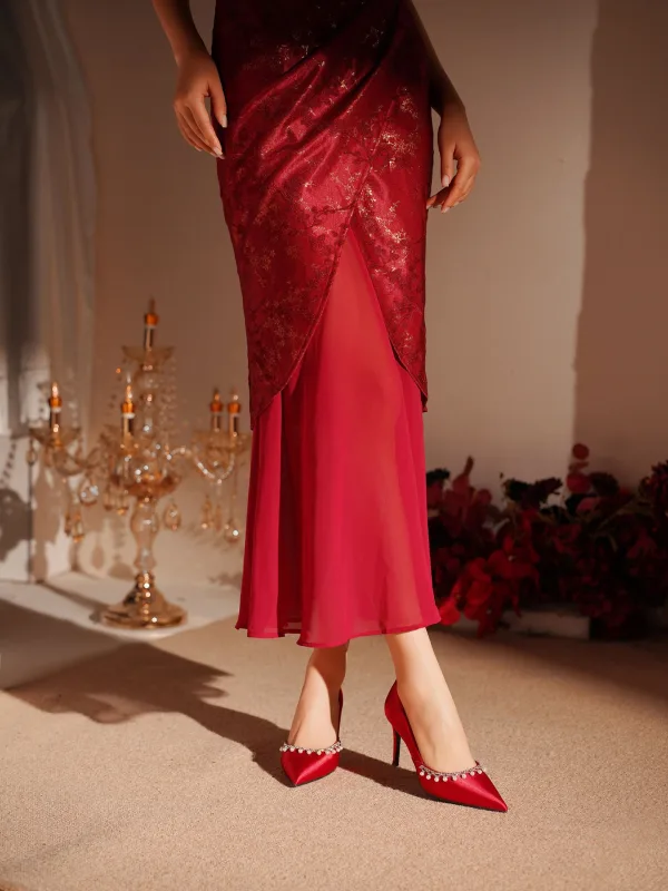 Elegant Red Pearl Rhinestone Wedding Shoes 2026 Leather 8 cm Stiletto Heels Pointed Toe Wedding Pumps