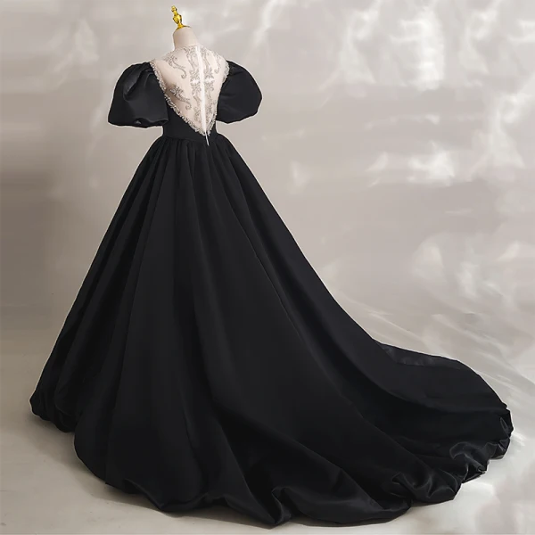 Audrey Hepburn Style Black Prom Dresses 2023 Ball Gown Rhinestone Scoop Neck Puffy Short Sleeve Floor-Length / Long Prom Formal Dresses