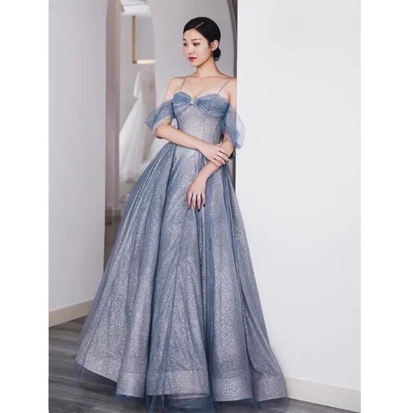 Charmant Bleu Ciel Perlage Paillettes Robe De Bal 2023 Princesse Bretelles Spaghetti Sans Manches Dos Nu Longue Promo Robe De Ceremonie